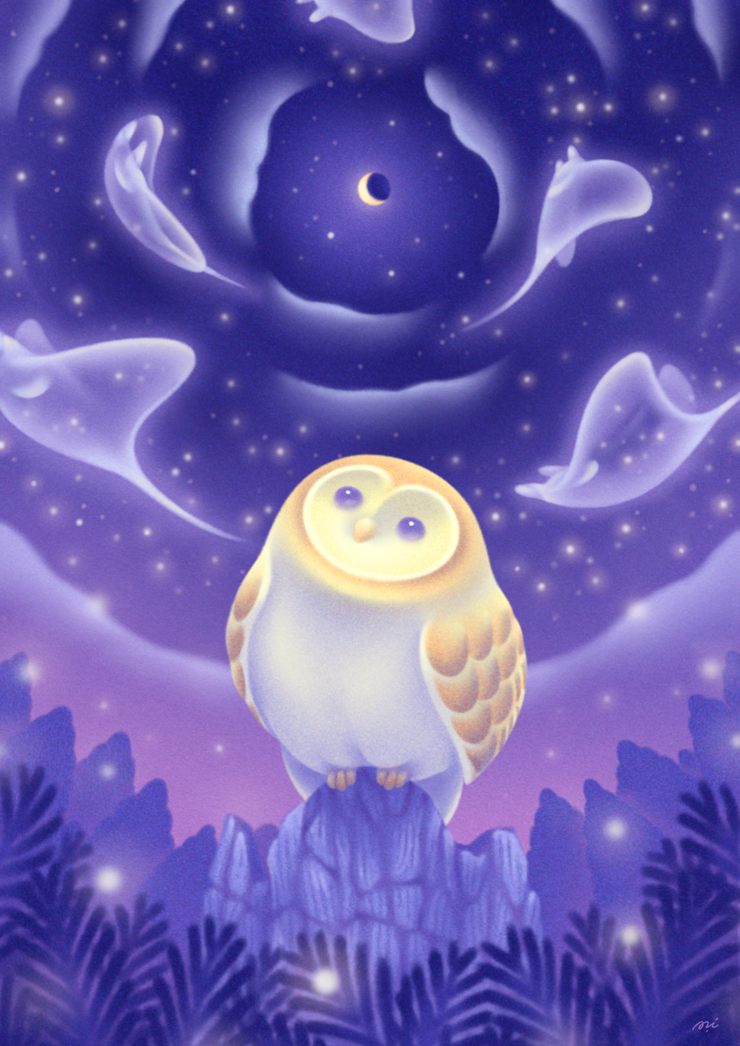 WALLPAPER FOR MOBILE – Moonlight Night / Barn owl(石黒メヲのイラストレーション/Illustration of Meo Ishiguro)
